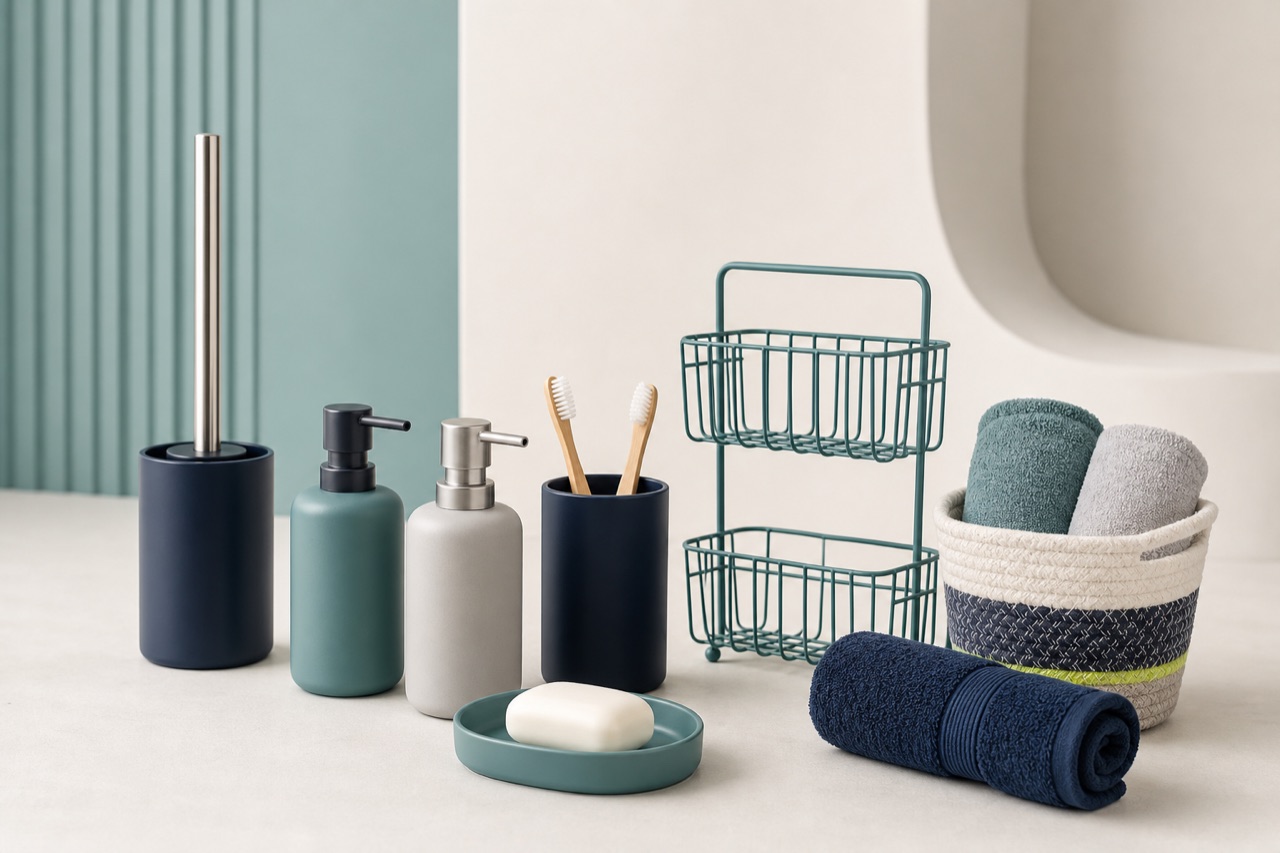 An organised selection of unbranded bathroom and utility accessories