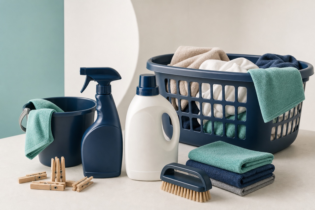 An organised selection of unbranded cleaning and laundry essentials