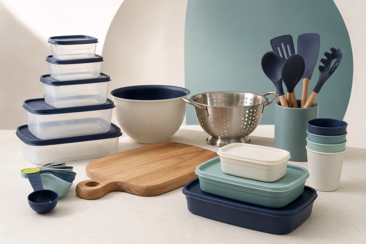 An organised selection of unbranded kitchen and dining essentials