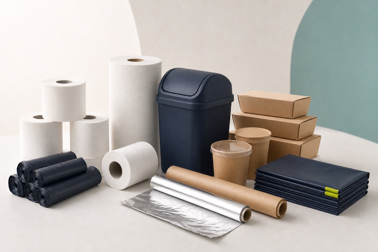 Representative unbranded paper, waste and disposable goods arranged for a trade range