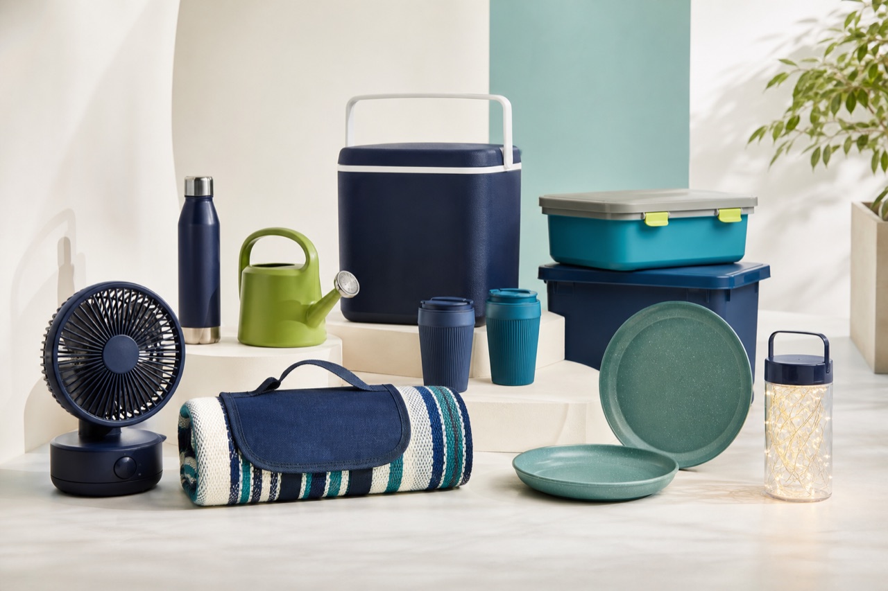 Representative unbranded seasonal household goods arranged for a trade range